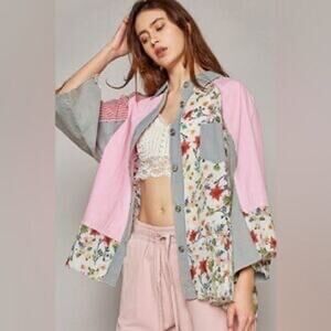 POL Patchwork Button Down Shirt Boho Floral Shirt